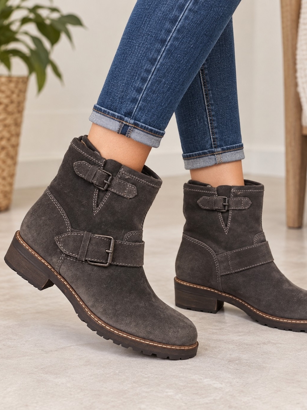 Women's Charcoal Suede Leather Moto Double Buckle Ankle Boots Sz 37 (US6.5) West